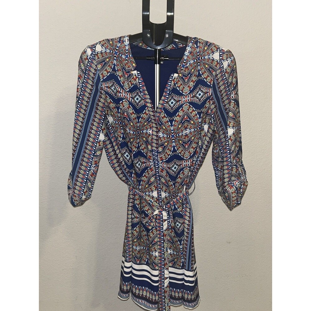 As U Wish Mini Dress L Large Blue Geometric Tile Print Boho Notched V-Neck 3/4